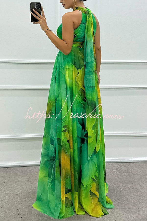 Elaine Tulle Floral Splash Print Cutout Halter Tie-up Neck Gown Maxi Dress