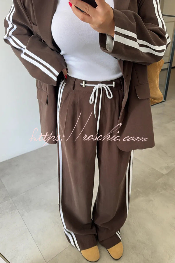 Levvie Striped Trim Long Sleeve Lapel Blazer and Rope Belt Pocketed Wide Leg Pants Set