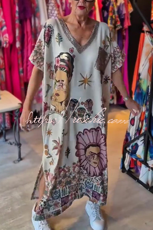 Fashion Printed V-neck Short-sleeved Casual Loose Maxi Dress