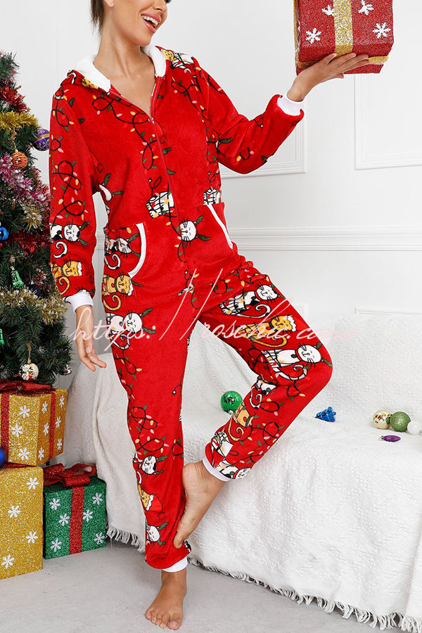 Festive Flavors Printed Flannel  Zipper Pocket Hooded Pajama Jumpsuit