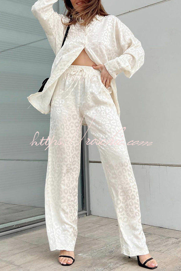 Leopard Print Jacquard Long Sleeved Shirt with Elastic Waist and Pant Two Piece Set