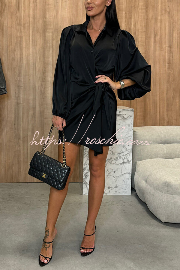 Solid Satin Long Sleeve Tie Waist Irregular Mini Dress