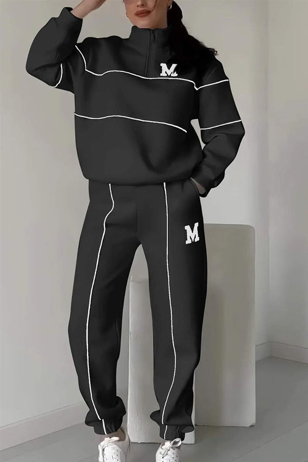 Fashionable Letter Striped Long-sleeved Sweatshirt and Elastic Waist Casual Pocket Pants Set