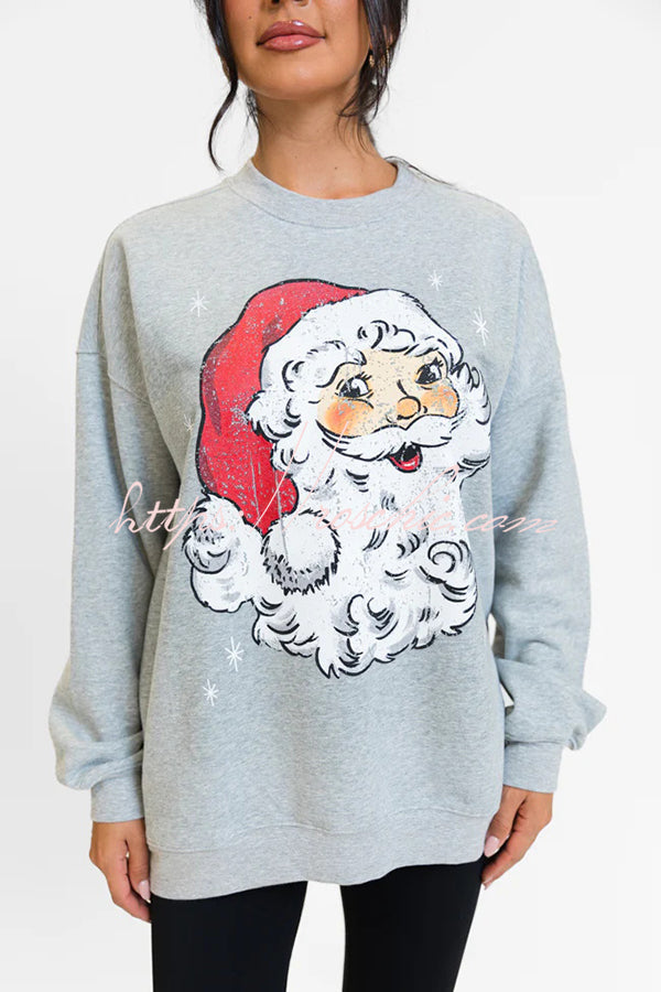 Christmas Cartoon Santa Claus Print Long Sleeve Loose Sweatshirt