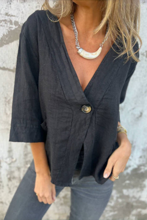 Linen Blend Solid Color Loose V-neck Button-down Casual Top