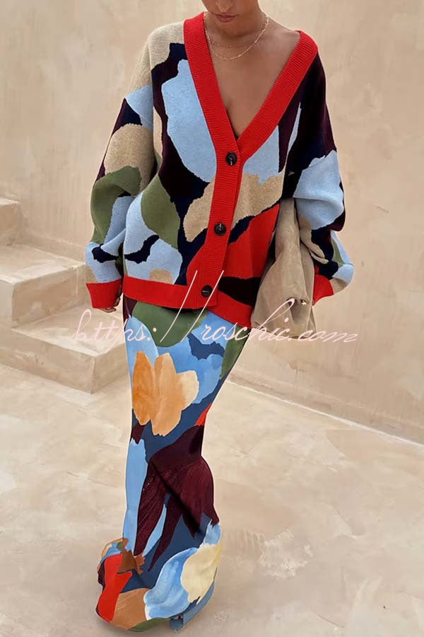 Bright and Bold Satin Abstract Color Blocks Print Elastic Waist Drape Maxi Skirt