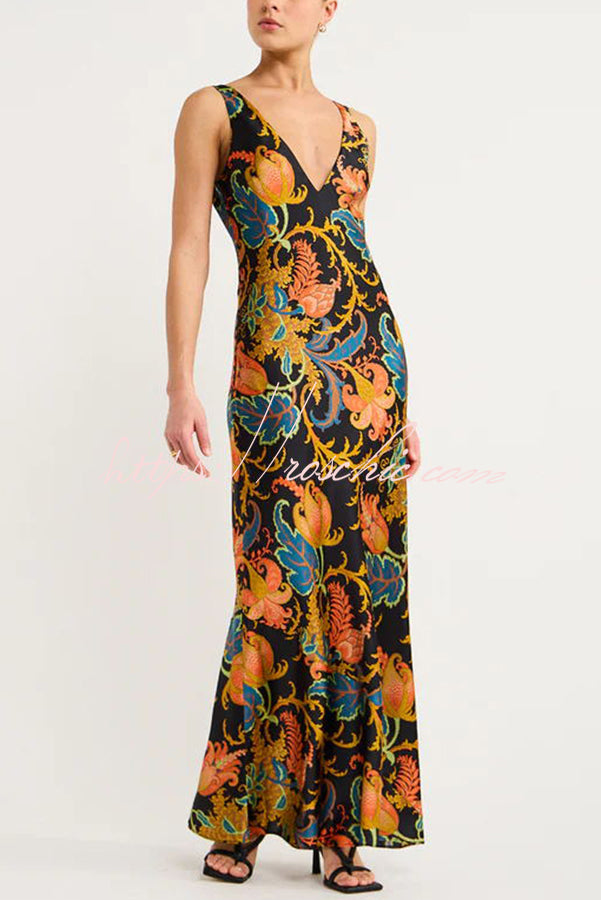 Forever Mine Satin Exclusive Botanical Print Slip Maxi Dress