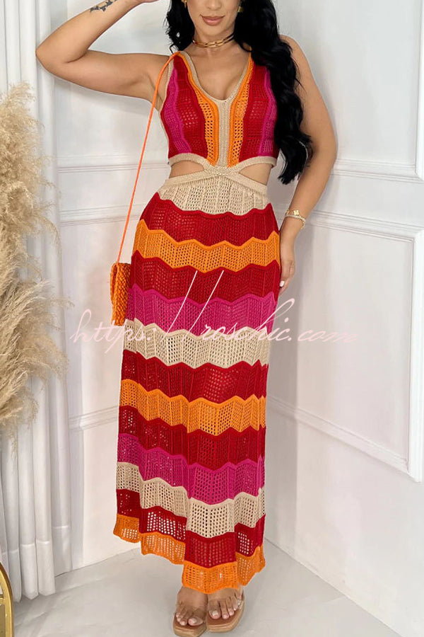 Darling Perfection Knit Texture Color Block Side Waist Cutout Maxi Dress