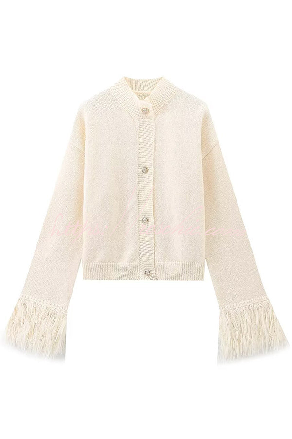 Solid Color Elegant Feather Long Sleeve Casual Knitted Cardigan