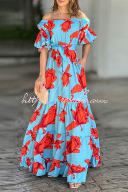 Floral Print Waist Belted Slim Fit Off The Shoulder Maxi Dress