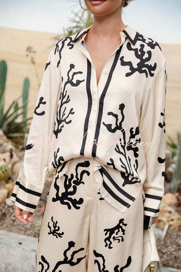 From Desk To Dinner Satin Unique Print Button Down Oversized Blouse