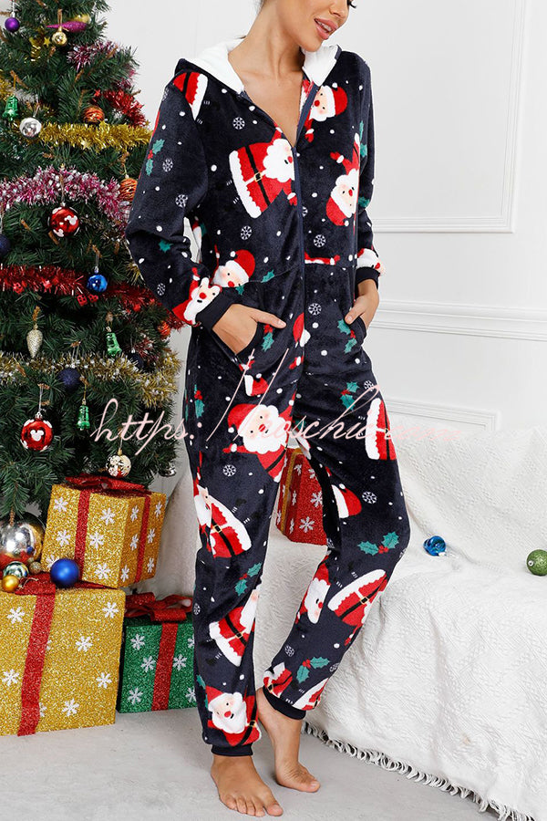 Festive Flavors Printed Flannel  Zipper Pocket Hooded Pajama Jumpsuit