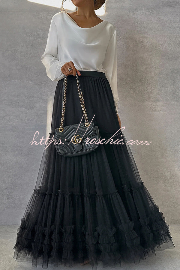 Surprising Tulle Paneled Stretch Waist Maxi Skirt