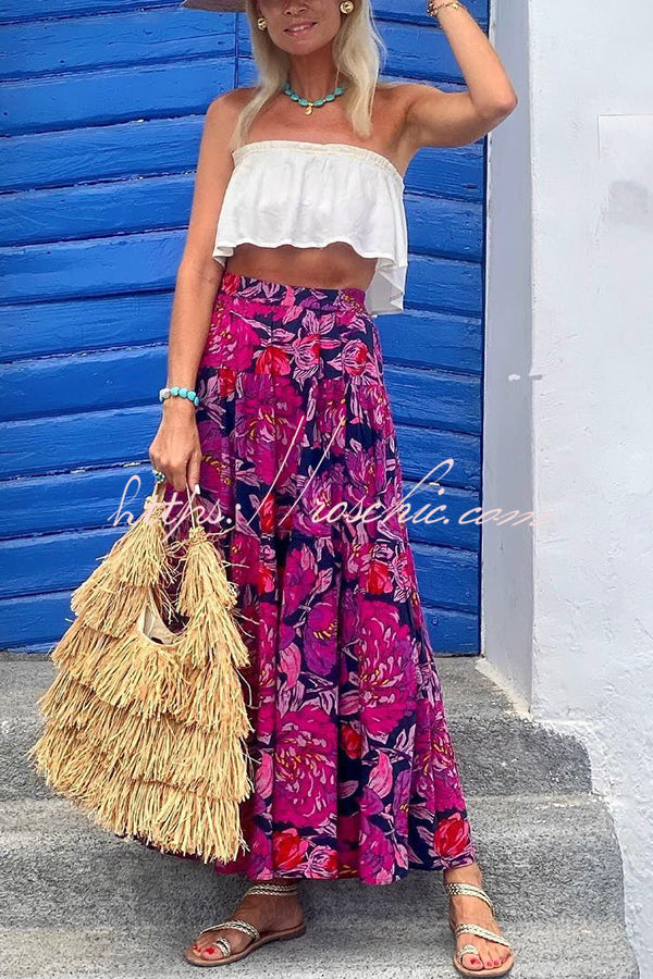 Floral Fantasy Printed High Rise  Back Elastic Waist Maxi Skirt