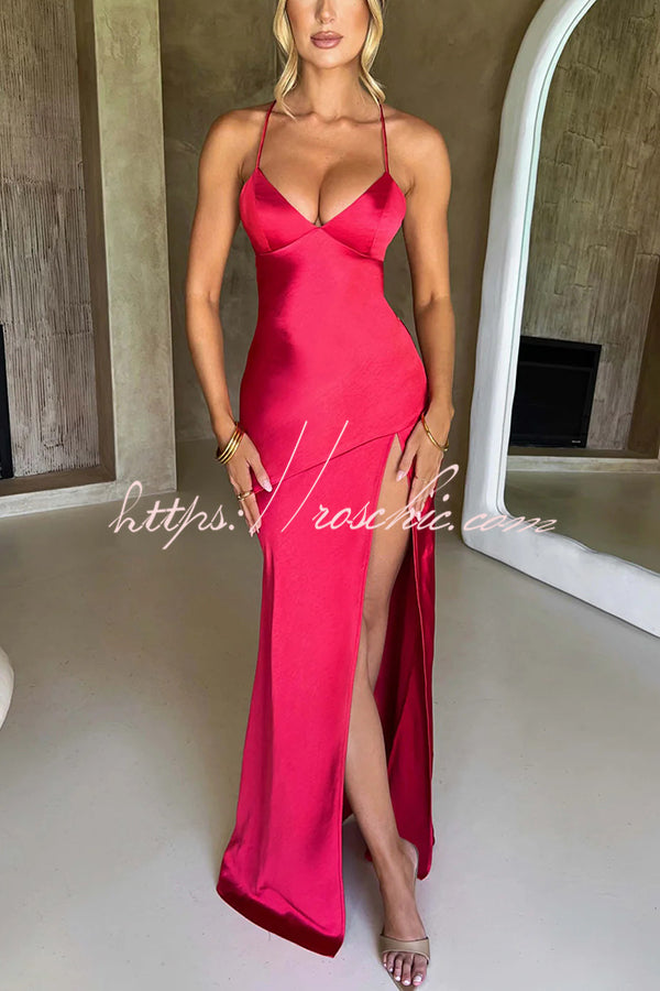 Satin Solid Color Sexy Backless Lace Up High Slit Maxi Dress