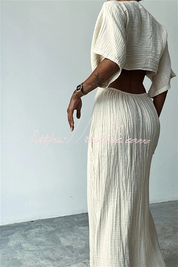 Linen Blend Slim-fitting Lace-up Hollow V-neck Maxi Dress