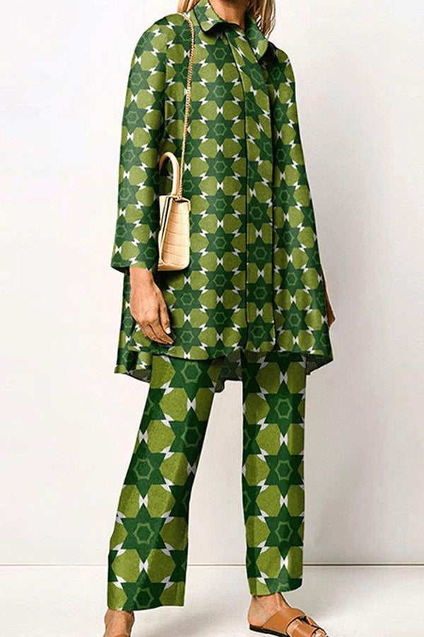 Geometric Print Lapel Long Sleeved Top and Pants Two Piece Set