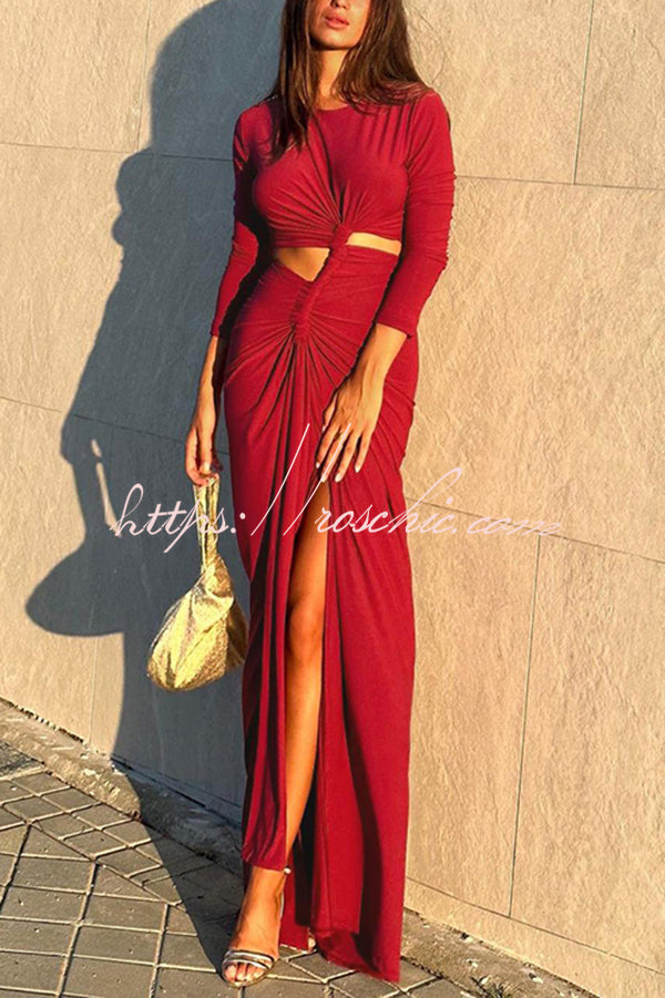 Solid Color Round Neck Long Sleeve Sexy Exposed Waist Slit Maxi Dress