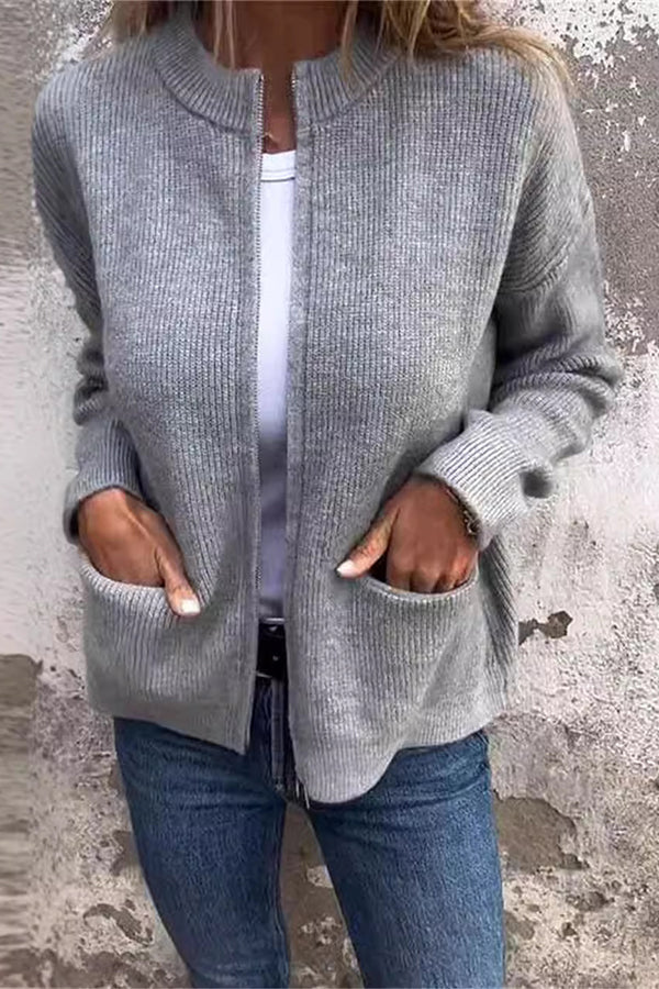 Solid Color Long Sleeve Zipper Pocket Casual Knitted Cardigan
