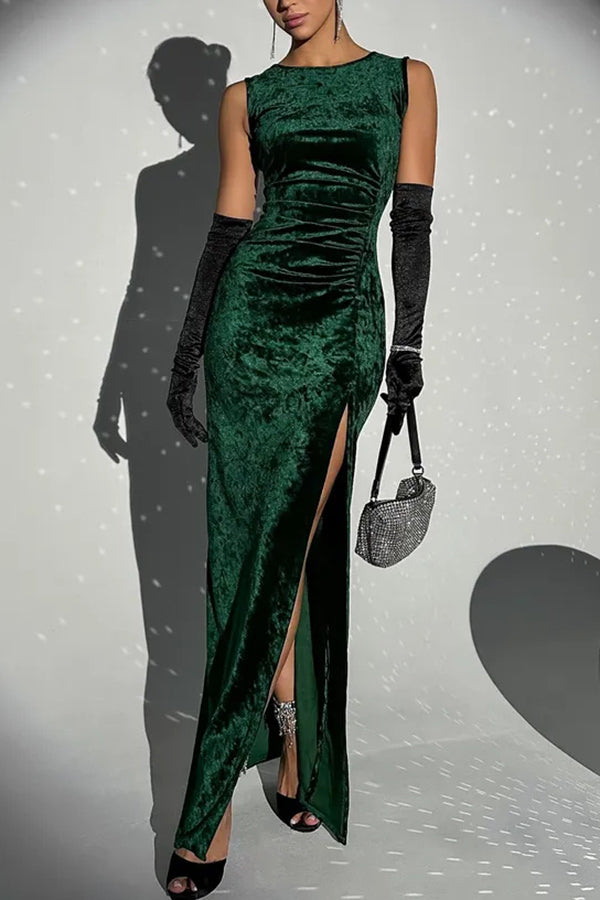 Solid Color Velvet Round Neck Sleeveless Slim Slit Maxi Dress