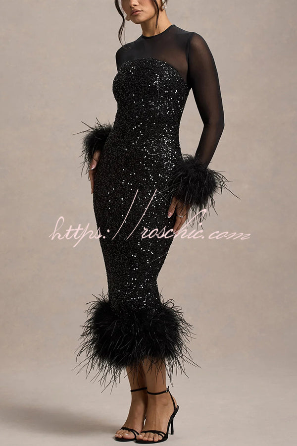 midi feather trim dress Glamor and Drama Mesh Sequin Patchwork Feather Trim Stretch Midi Dress