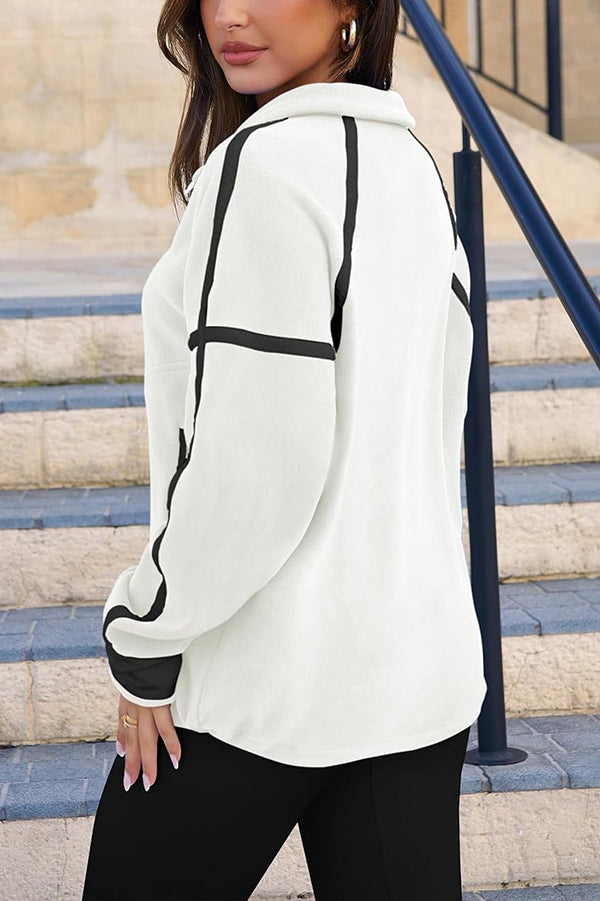 Stylish Color-blocked Trim Loose Casual Pocket Sweatshirt