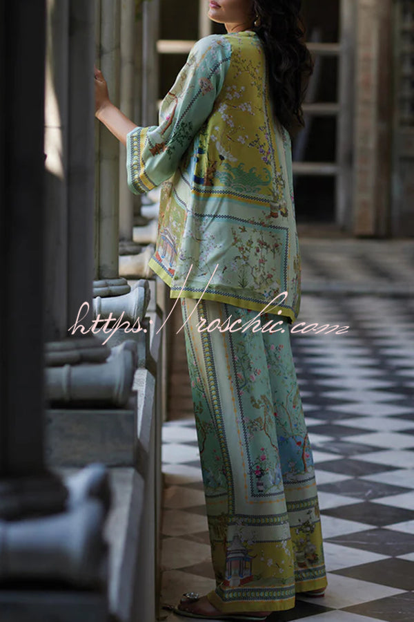 Elonie Satin Floral Print V-neck Half Sleeve Top and Elastic Waist Wide Leg Pants Set