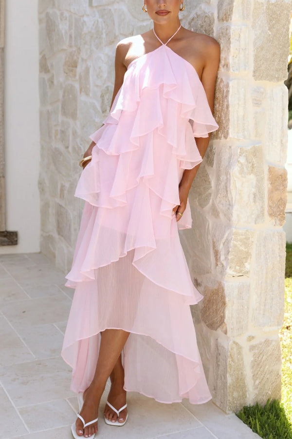 Solid Color Chiffon Halter Neck Elegant Ruffle Maxi Dress, Pink / S