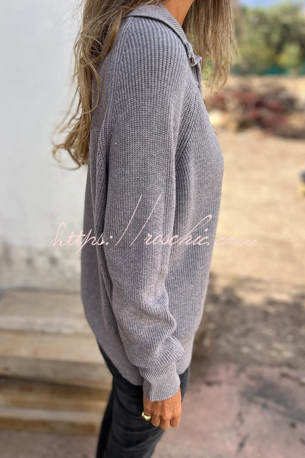 Solid Color Long Sleeve Lapel Zipper Casual Knitted Sweater