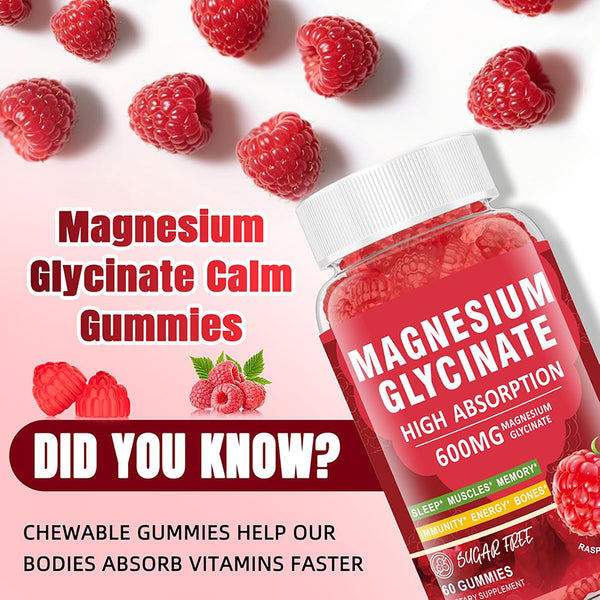 Magnesium Glycinate Gummies 600mg, Zzz & Relaxation, High Absorption, Raspberry Flavor, 60 Count, Supports Muscles, Bones & Energy, Vegan, Sugar Free