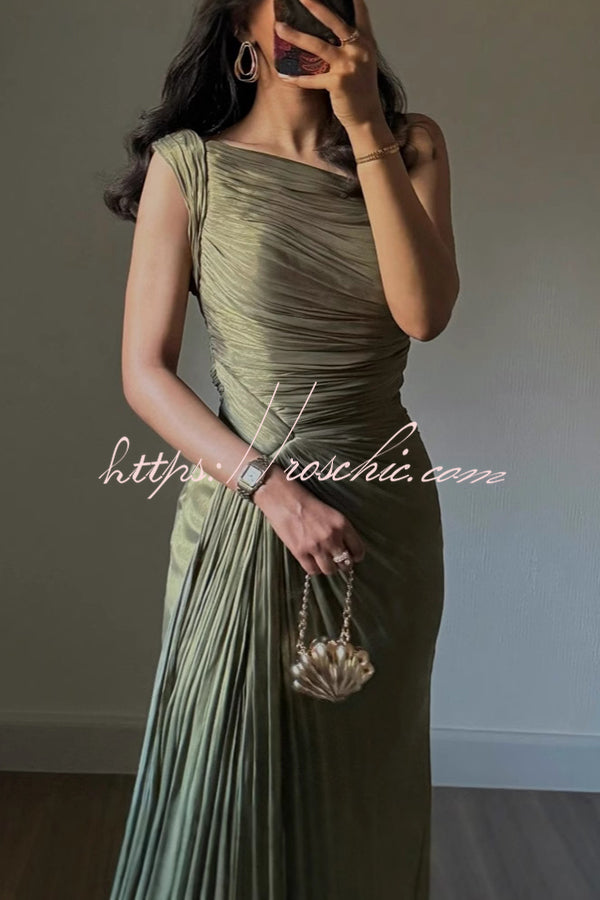 Fashion One-shoulder Pleated Ribbon Slim Slit Maxi Dress
