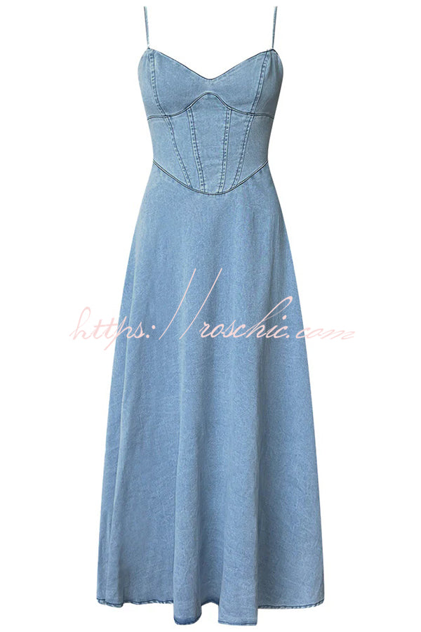 Solid Color Sleeveless Suspender Pleated Back Faux Denim Midi Dress