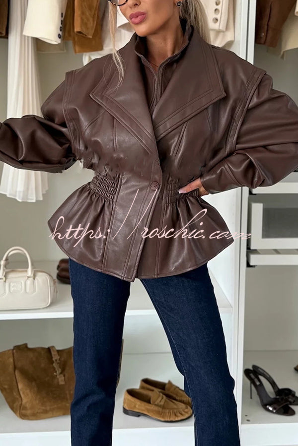 Play It Cool Faux Leather Single Button Elastic Waist Lapel Moto Jacket