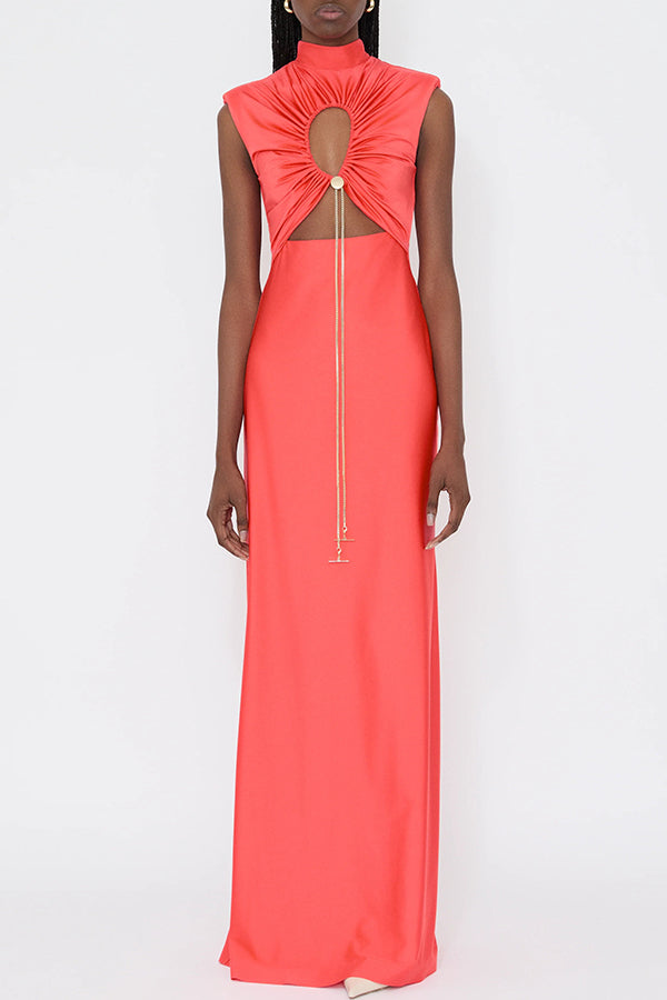 Genis Hollow Elastic Bust High Neck Sleeveless Gathered Maxi Dress – roschic