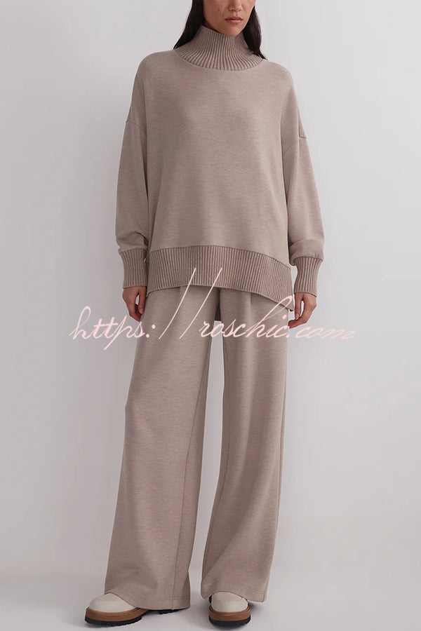 Berner High-Neck Long Sleeve Side Zipper Sweatshirt and Elastic Waist Pocketed Loose Pants Set