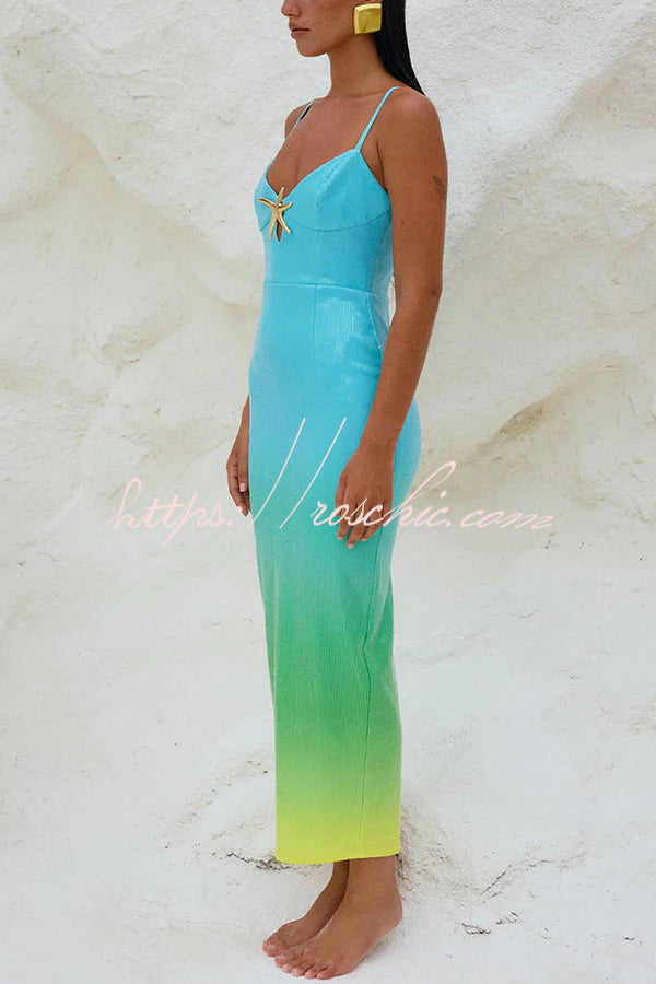 Sirene Sequin Unique Gradient Print Starfish Brooch Cutrout Slit Stretch Maxi Dress