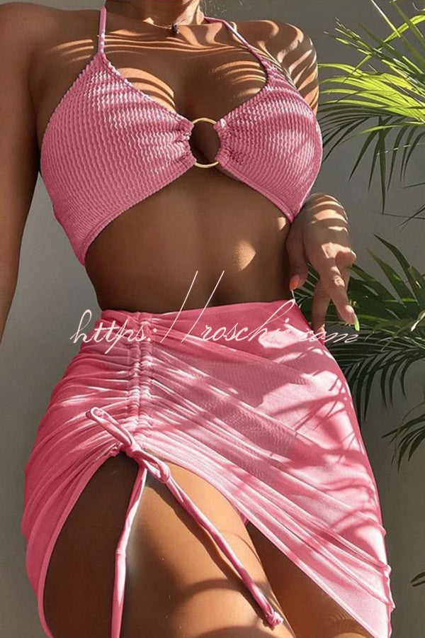 Commuting Style Suspender Pleated Hoop Three Pieces Swimsuit Set