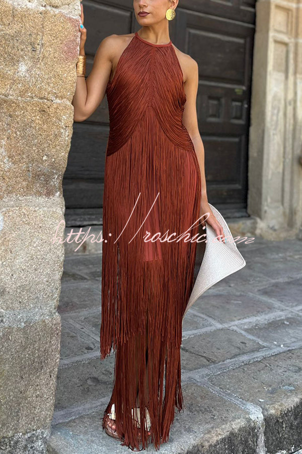 Fashion Sleeveless Halter Neck Elegant Tassel Slim Maxi Dress