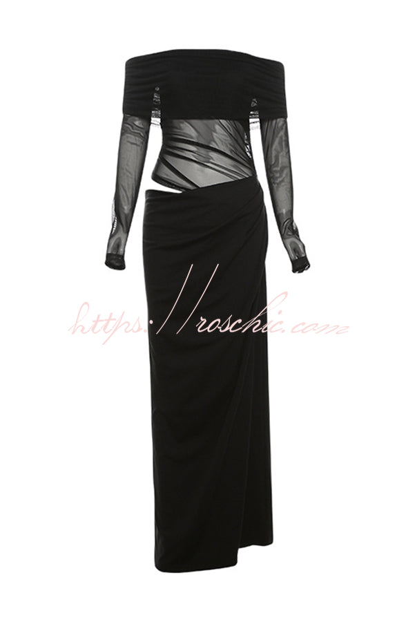 Exquisite Sexy Mesh Patchwork Off Shoulder Cutout Ruched Maxi Dress