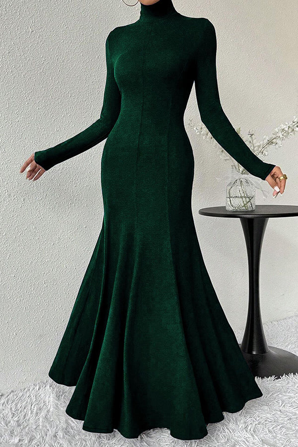 Solid Color High-neck Long-sleeved Slim-fit Fishtail Elegant Maxi Dress