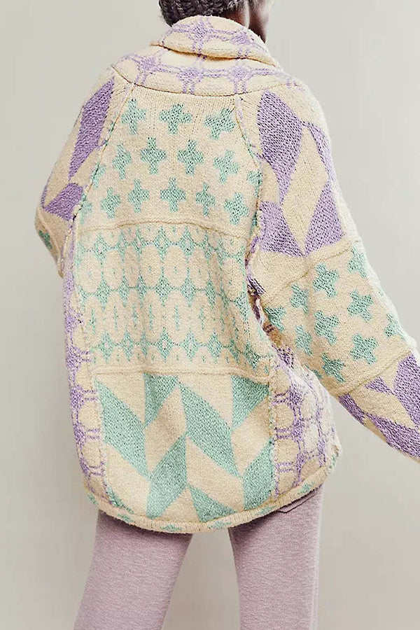 Unique Pattern Lapel Loose Long-sleeved Knitted Sweater