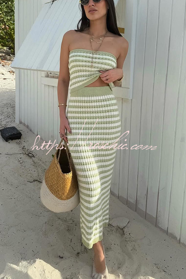 Bahamas Beach Knit Colorblock Stripes Bandeau Top and High Rise Stretch Maxi Skirt Set