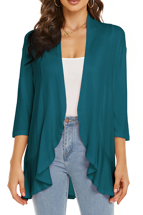 Solid Color Casual Three-quarter Sleeve Ruffled Loose Cardigan