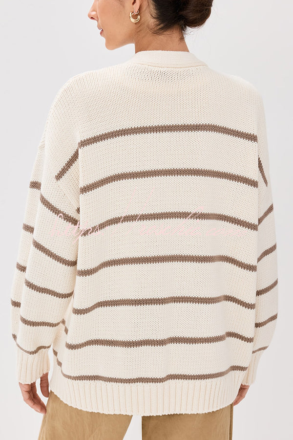 Striped Loose V-neck Long-sleeved Casual Knit Cardigan
