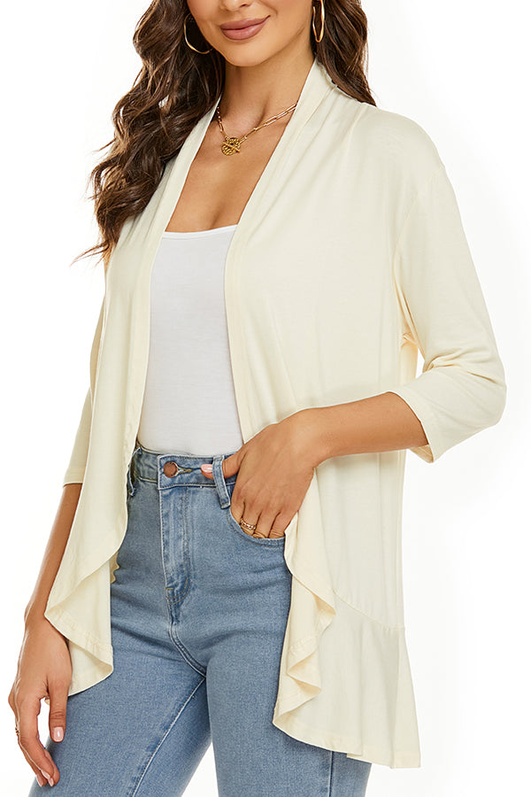 Solid Color Casual Three-quarter Sleeve Ruffled Loose Cardigan
