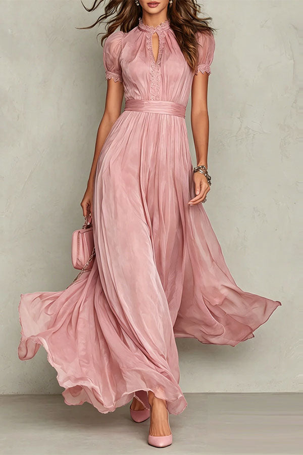 long flowing pink dress with lace sleeves Modest Long Sleeve Long Formal Dress with Beads Mauve / 18