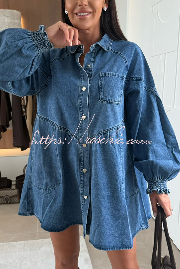 Fashion Heart Button Long Sleeve Casual Pocket Denim Mini Dress