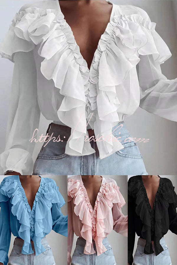 Spliced ruffled V Neck Pleated Long Sleeved Top