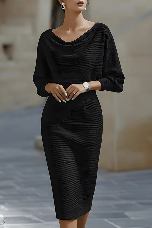 Solid Color Batwing Sleeve Fitted Waist Elegant Midi Dress, Black / L Solid Color Batwing Sleeve Fitted Waist Elegant Midi Dress, Black / L