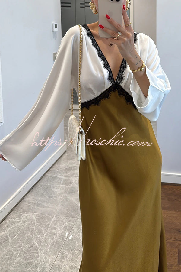Lainei Contrast Color Satin Lace Trim V-neck Long Sleeve Maxi Dress